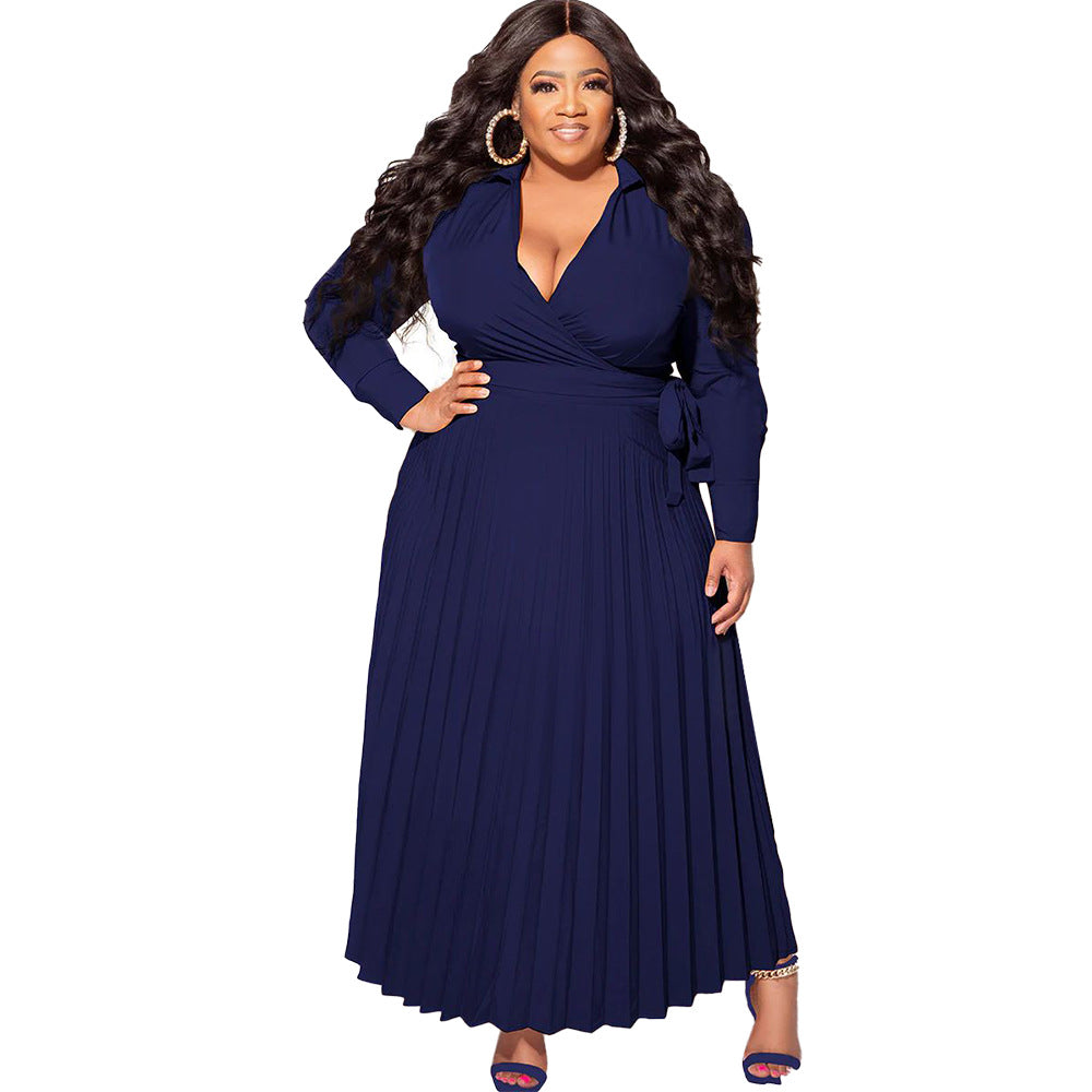 BamBam Plus Size Women V-Neck Tie Long Sleeve Pleated Skirt - BamBam