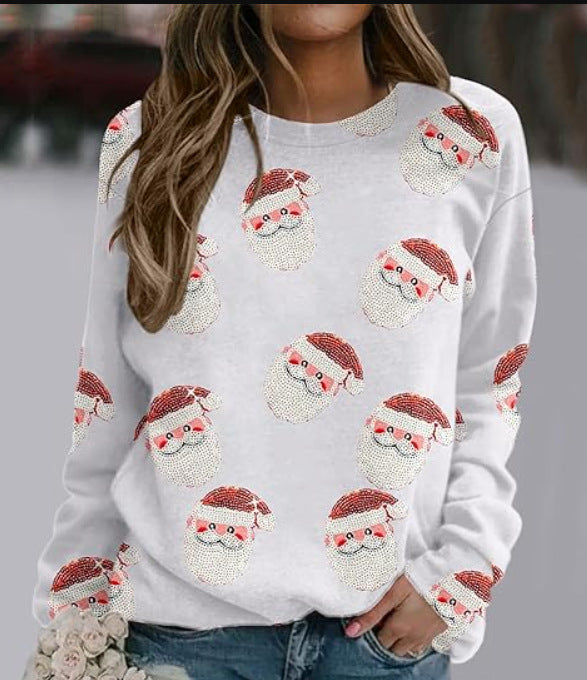 BamBam Autumn And Winter Women's Santa Print Casual Round Neck Long Sleeve T-Shirt - BamBam