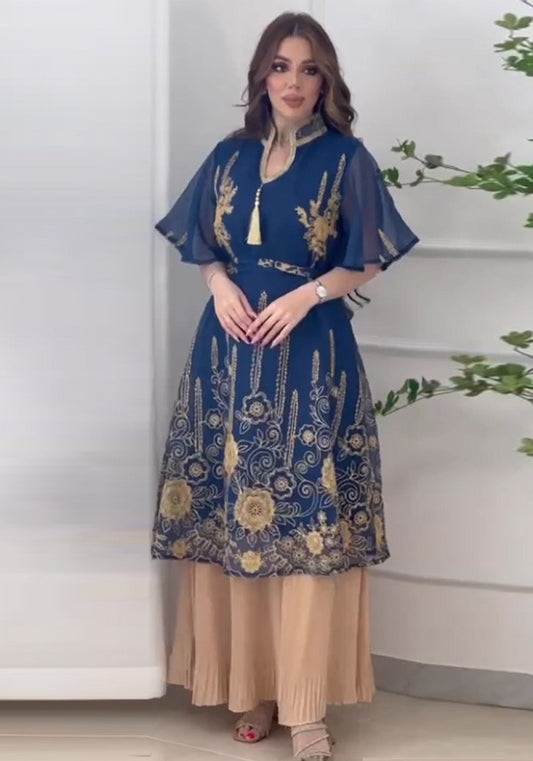 Fashion Mesh Embroidery Dress Tassel Patchwork Chiffon Pleated Fashion Muslim