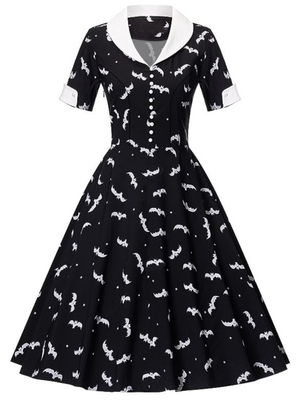 BamBam Halloween Witch Bat Print Short Sleeve Button Black And White Turndown Collar Retro A-Line Swing Dress - BamBam