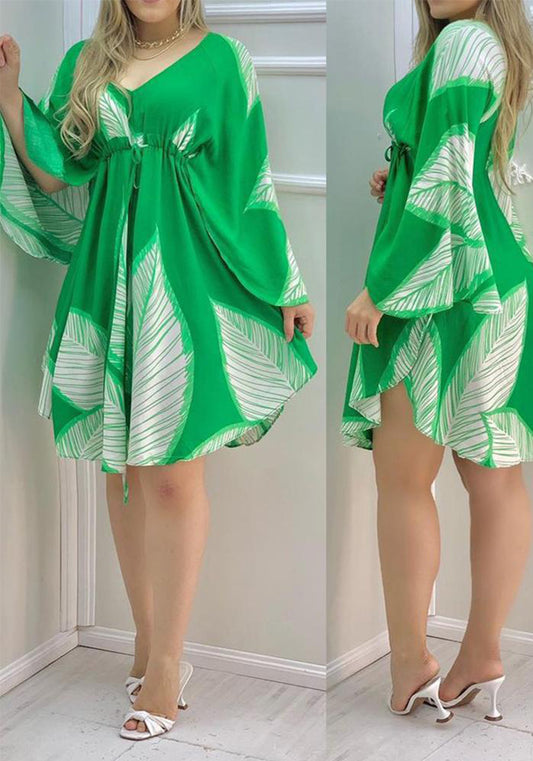 Plus Size Women Feather Print V-Neck Long Sleeve Loose Dress