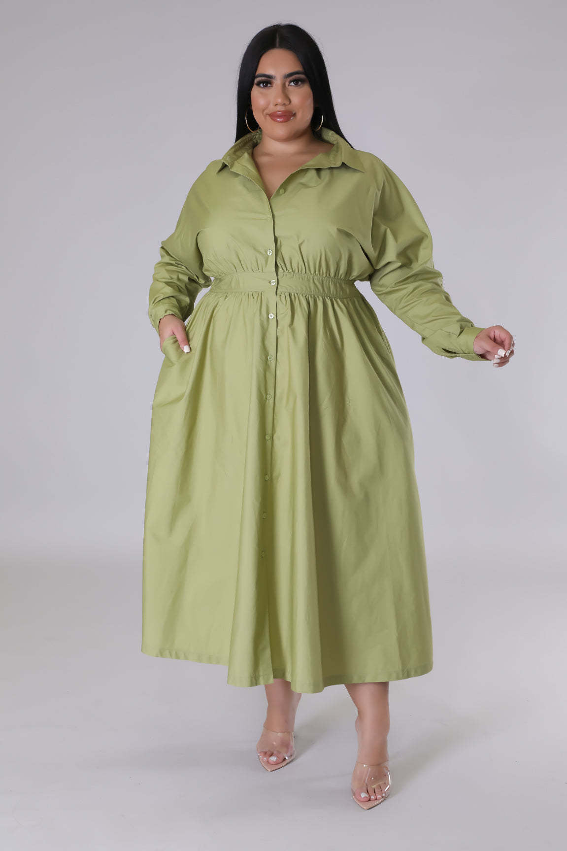 BamBam Plus Size Women's Solid Long Sleeve Shirt Dress - BamBam