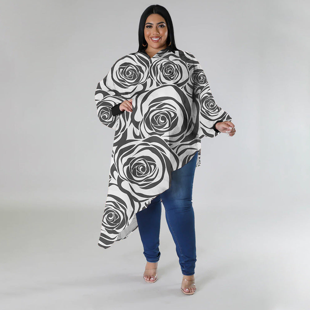 BamBam Plus Size Women Long Sleeve Round Neck Sexy Printed Chiffon Top - BamBam