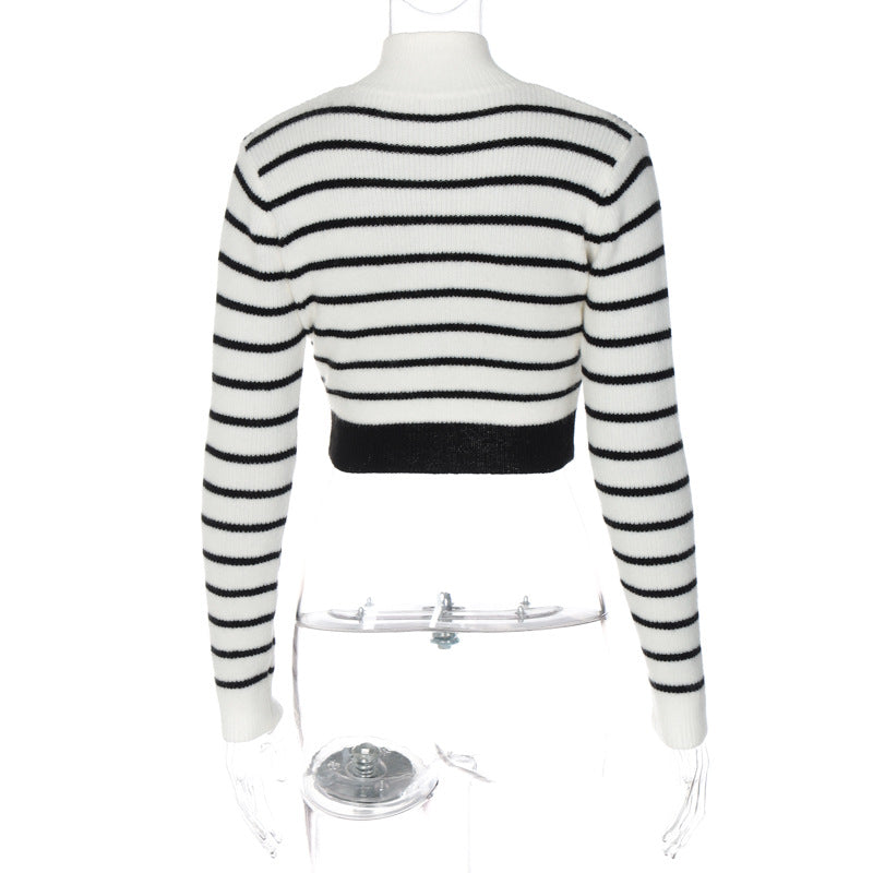 BamBam Striped Knitting Sweater Autumn Women's Long Sleeve Zipper Half Turtleneck Contrasting Color Crop Top - BamBam