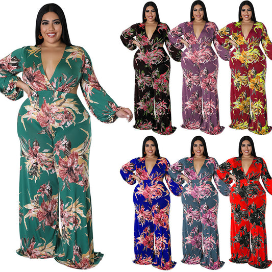 Plus Size Women's Big Flower Print Sexy Low Back Lace-Up Long Sleeve Jumpsuit