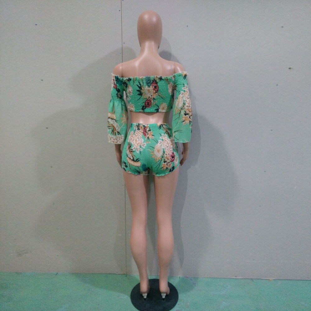 BamBam Women's Fashion Print Off Shoulder Bell Bottom Sleeve Two-Piece Set - BamBam