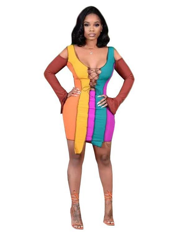 BamBam Women Color Blocked Off-Shoulder V-Neck Sexy Dress - BamBam Clothing