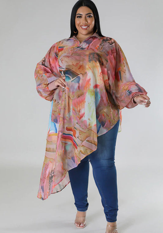 Plus Size Women Long Sleeve Round Neck Sexy Printed Chiffon Top