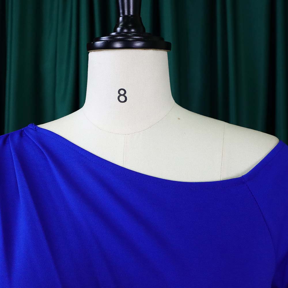 BamBam Women Spring Blue Modest Slash Neck Full Sleeves Solid Pleated Midi Pencil Office Dress - BamBam