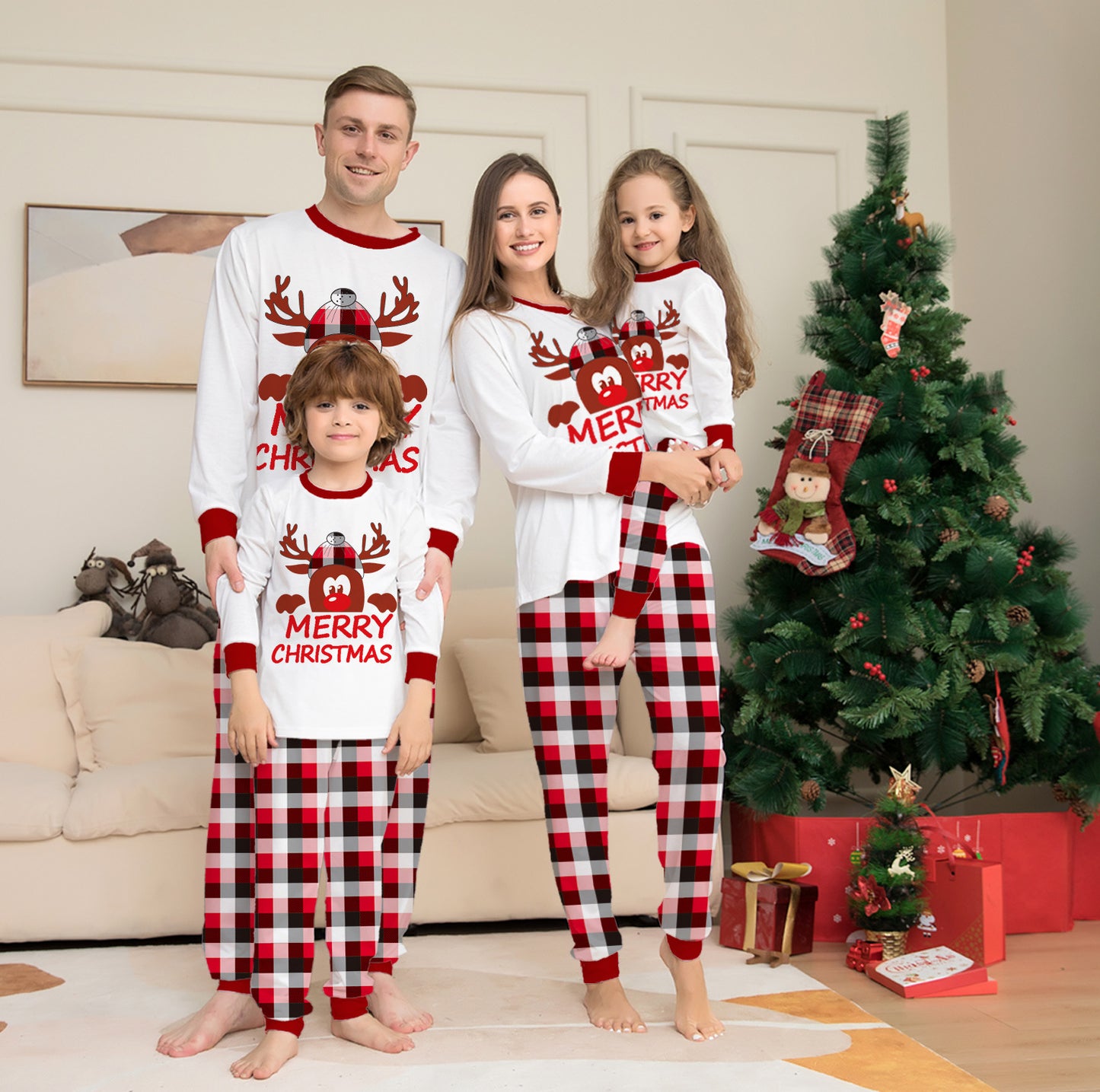 BamBam Deer Letter Printed Christmas Parent-Child Clothes Plaid Long Sleeve Home Clothes Two-Piece Pajamas Set - BamBam