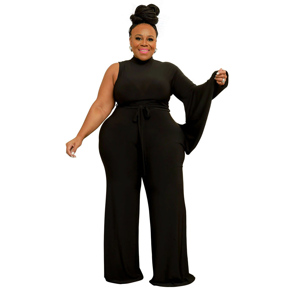 BamBam Fashion Plus Size Women's Solid Lace-Up Slash Shoulder Wide Sleeve Jumpsuit - BamBam Clothing