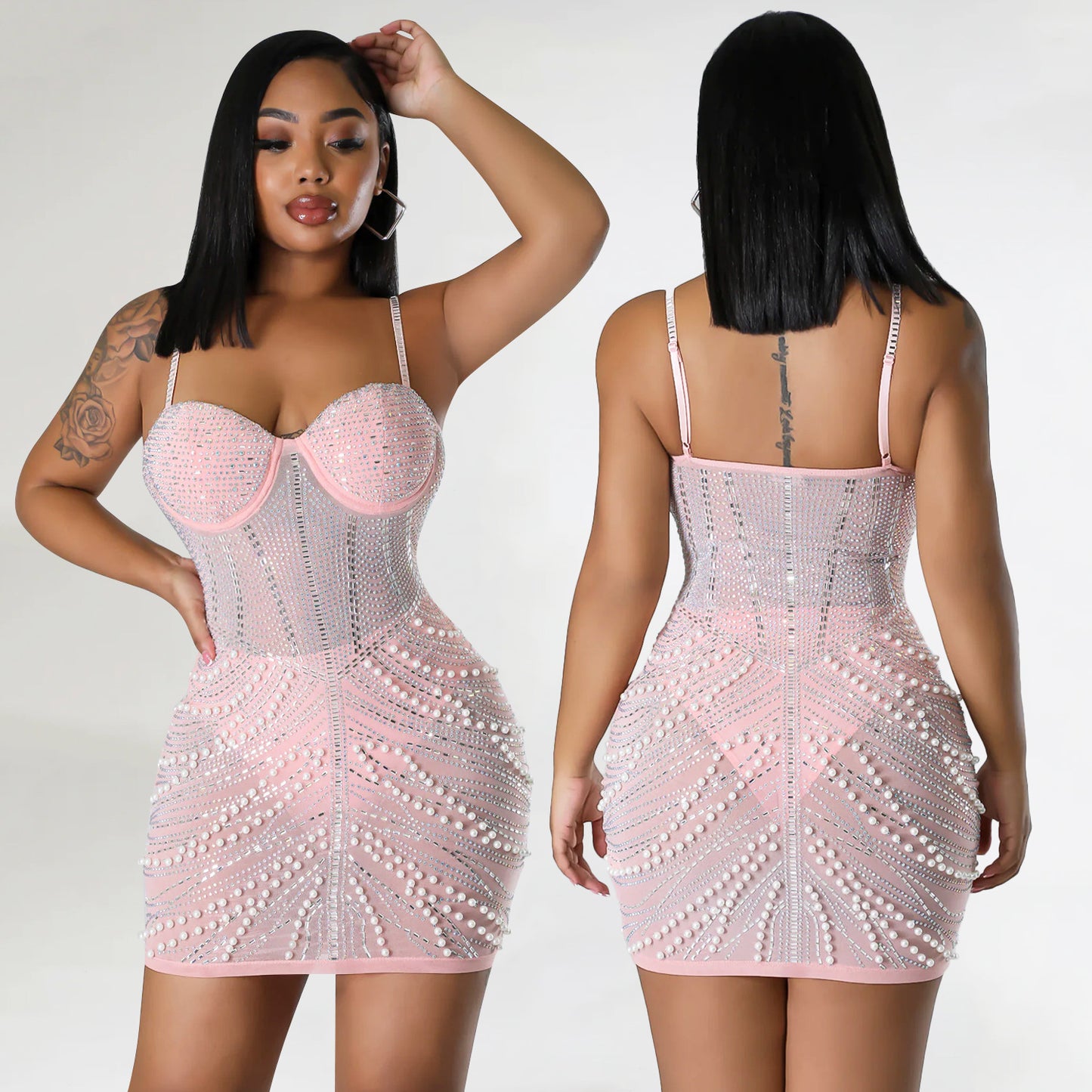 BamBam Women Sexy Mesh Beaded Strap Dress - BamBam Clothing Clothing