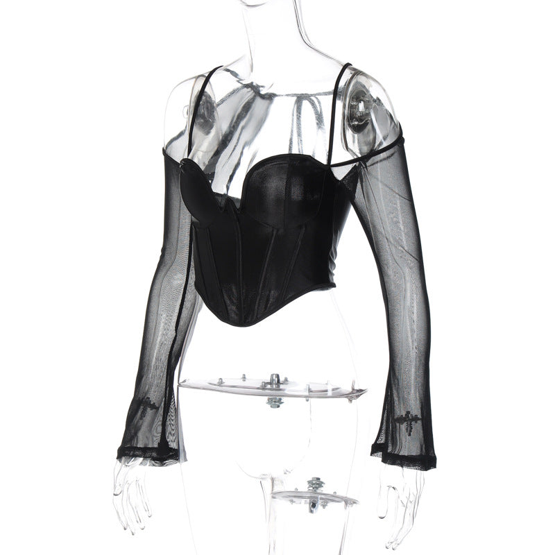 BamBam Women's low-cut sexy v-neck fashionable mesh Long sleeves corset top - BamBam