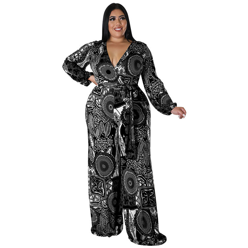 BamBam Plus Size Women Fall Print Long Sleeve Jumpsuit - BamBam Clothing