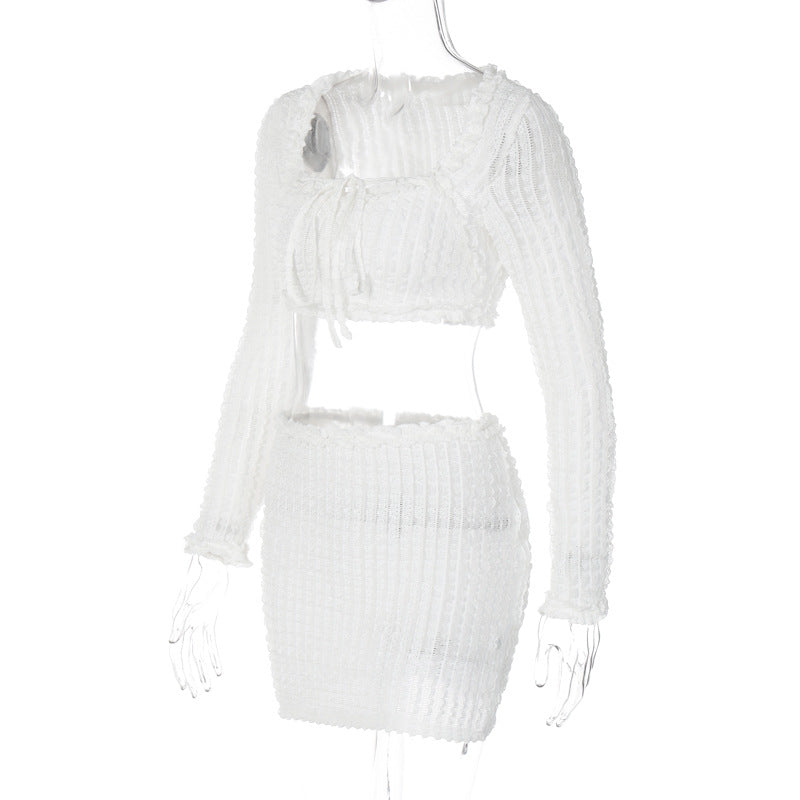 BamBam Women French Lace Square Neck Long Sleeve Crop Top and Sexy Mini Skirt Two-piece Set - BamBam