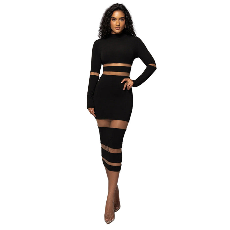 BamBam Autumn Women's Sexy Mesh Patchwork High Neck High Waist Slim Long Dress - BamBam Clothing