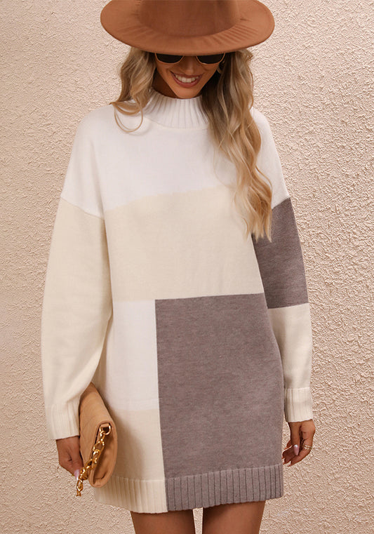 Plus Size Women Colorblock Round Neck Knitting Sweater Dress