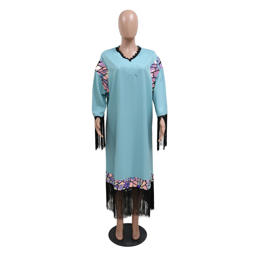 BamBam Sequined Tassel Robe Abaya Loose Fit Dress Arabian Ladies Clothing Dubai Muslim - BamBam