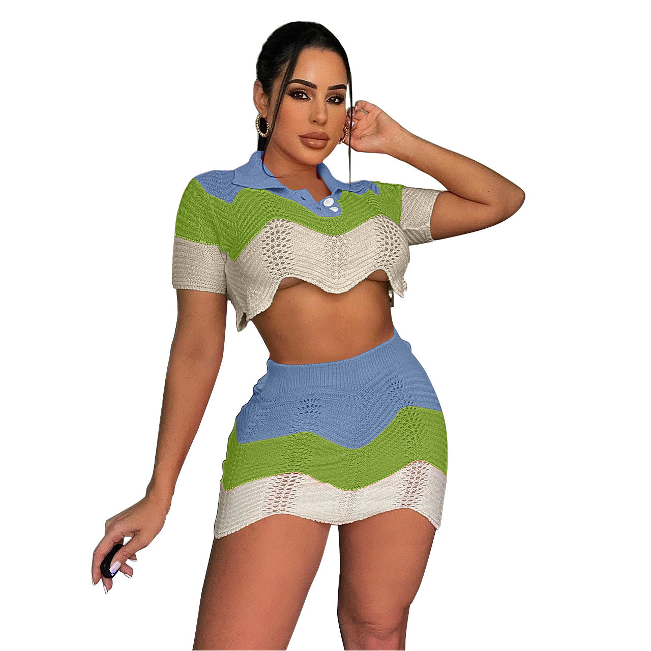 BamBam Women Kintting Colorblock Crop Top and Skrit Two-piece Set - BamBam