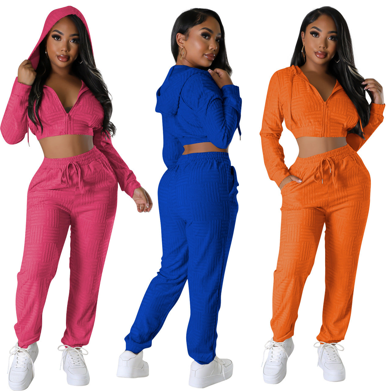 BamBam Women's Clothing Fashionable Solid Jacquard Zipper Hoodie Sweatpants Two-Piece Set - BamBam