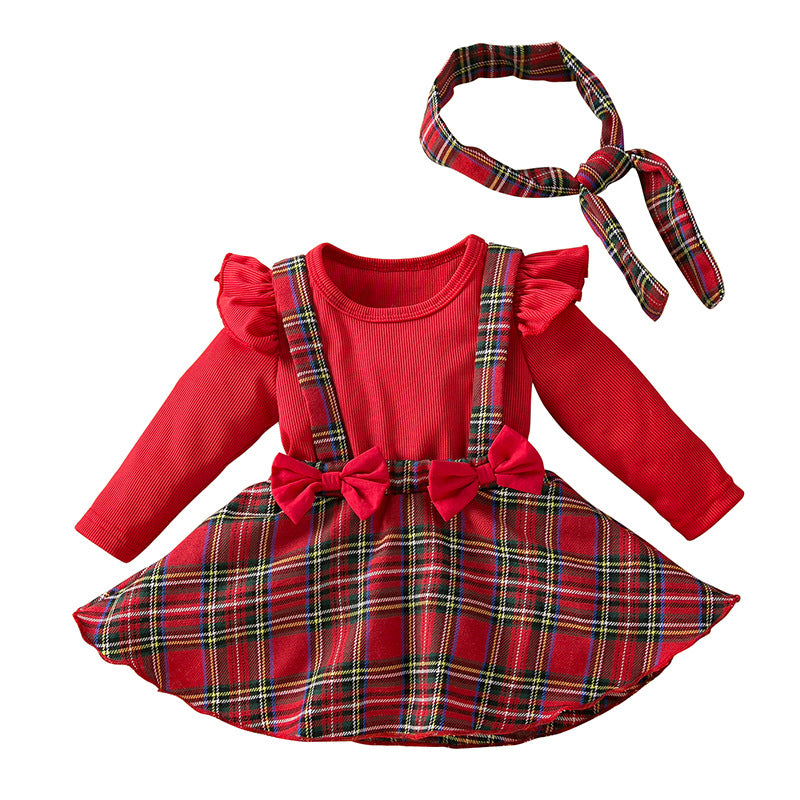 BamBam Baby Christmas Newborn Clothes Baby Long-Sleeved Fake Two-Piece Bow Plaid Dress - BamBam