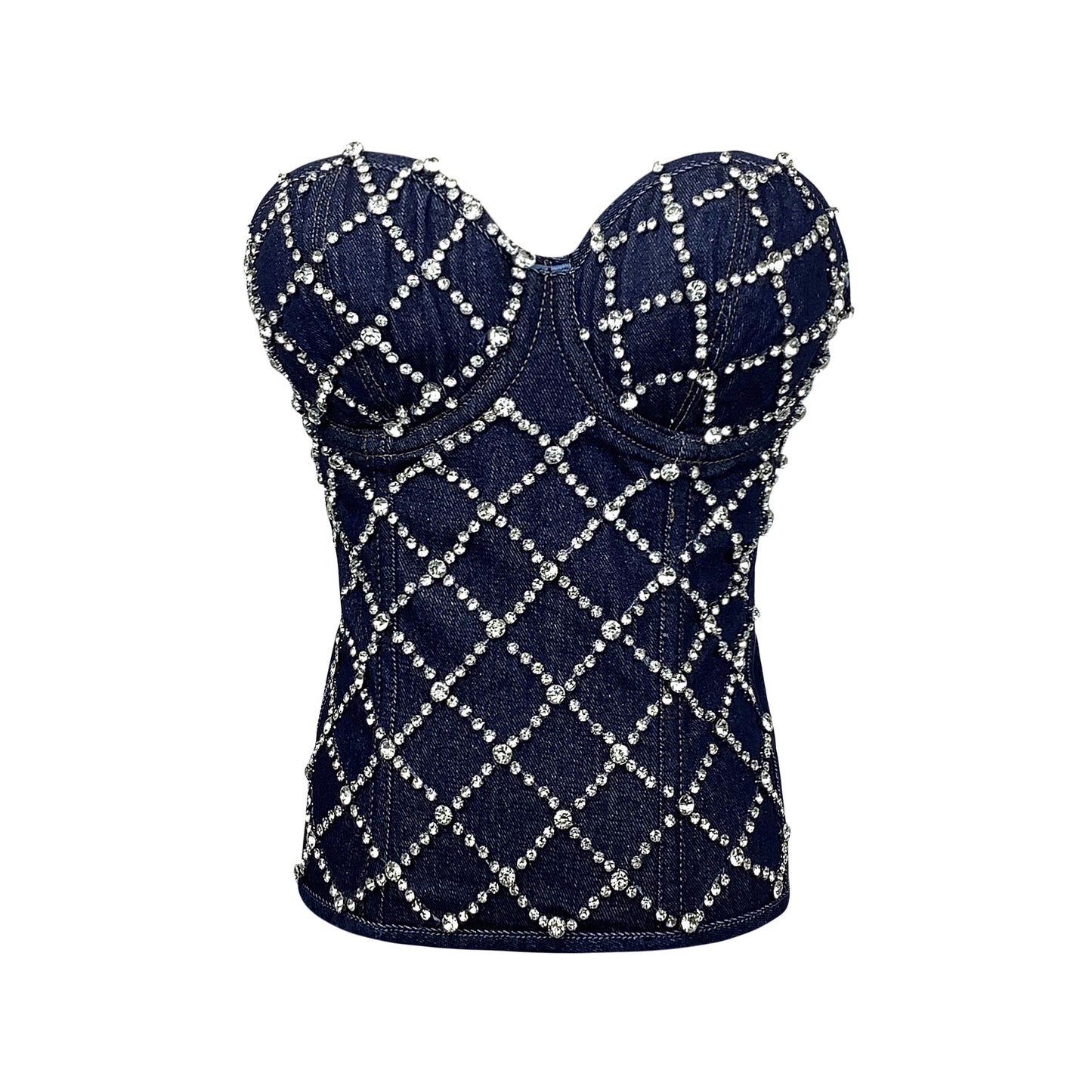 BamBam Women Diamond Beaded Denim Vintage Zip Vest Lace-up Shaping Corset Top - BamBam