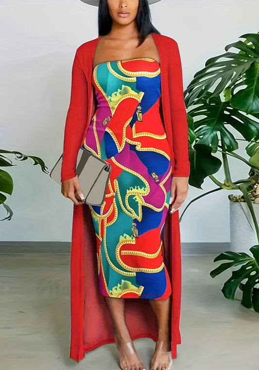 Strapless Printed Dress Long Jacket Two-Piece Set For Women