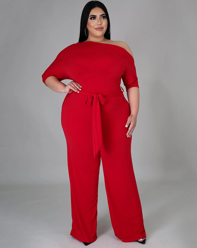 Plus Size Solid Plain Slash Shoulder Formal Jumpsuit