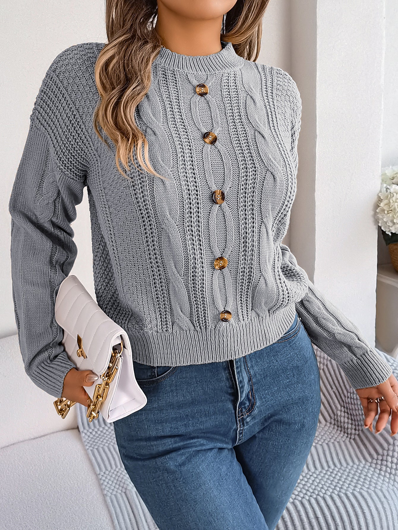 BamBam Women Casual Solid Button Long Sleeve Sweater - BamBam