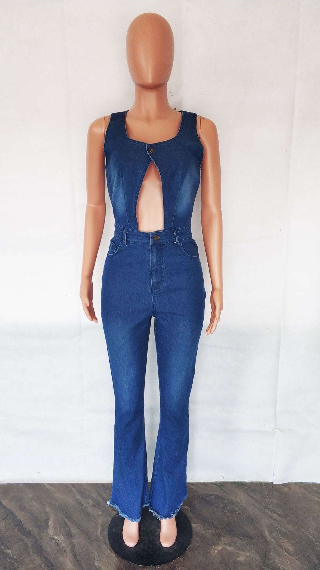 BamBam Sexy Fashion Slim Fit Sleeveless Hollow Out Denim Jumpsuit - BamBam Clothing