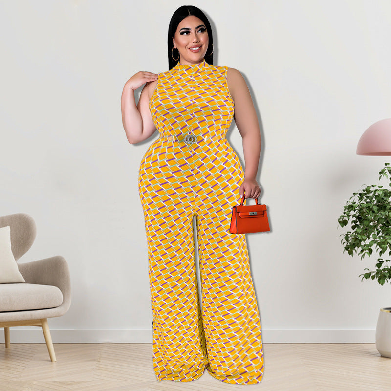 BamBam Plus Size Women Clothes Elegant Plaid Stand Collar Sleeveless Wide Leg Jumpsuit - BamBam Clothing