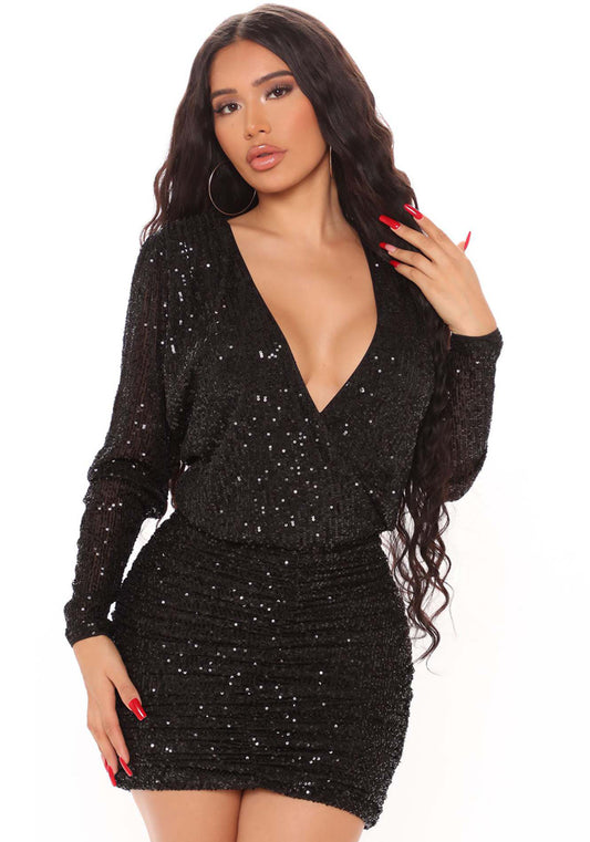 Fashion Women'S Long-Sleeved Nightclub Sequin Deep V Sexy Bodycon Dress