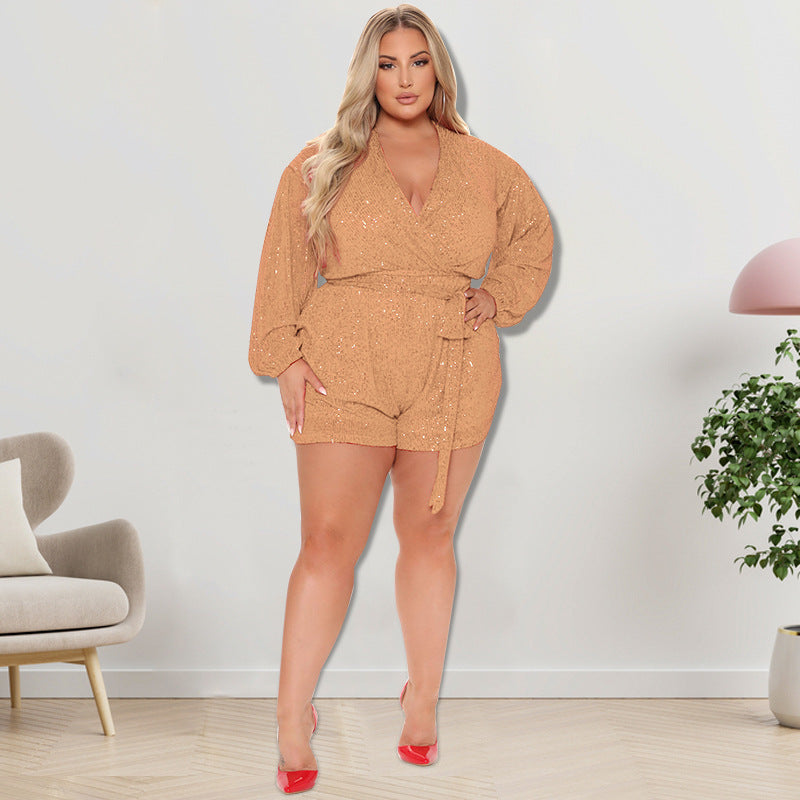 BamBam Plus Size Women's Sequins Long Sleeve V Neck Rompers - BamBam Clothing