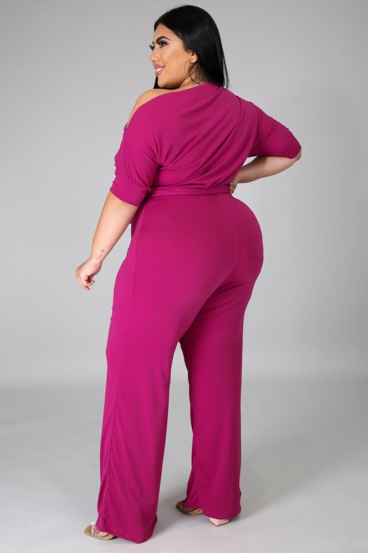 BamBam Summer Plus Size Pink Slash Shoulder Formal Jumpsuit - BamBam Clothing