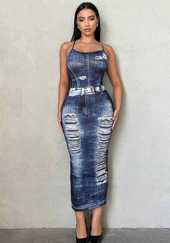 Women's Autumn Sexy Low Back Fashion Casual Slim Denim Bodycon Dress