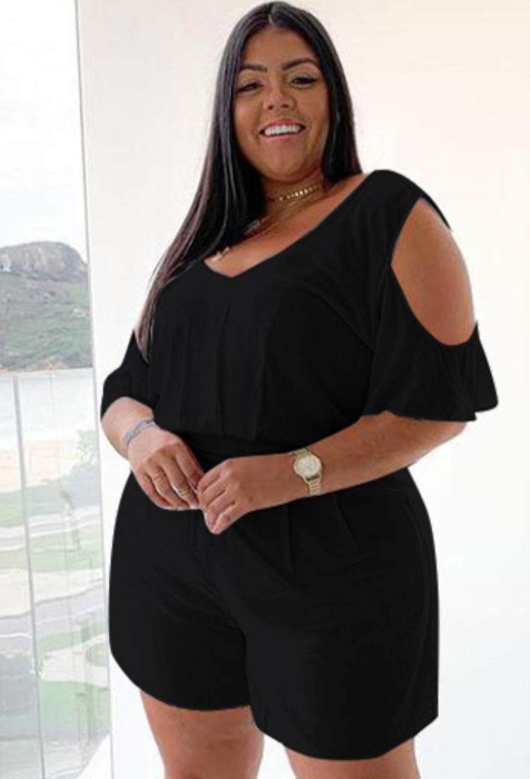 Plus Size Summer Black Casual Rompers with Cut Out Shoulders