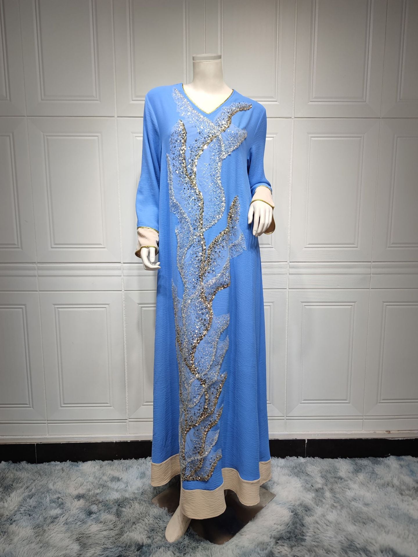 BamBam Muslim Robe Beaded Embroidery Fashion Abaya Arab Ladies Home Casual Dress - BamBam