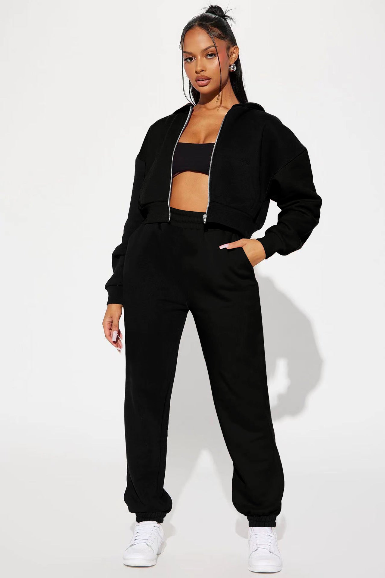 BamBam Women Casual Solid Zipper Hoodies and Pant Two-Piece Set - BamBam