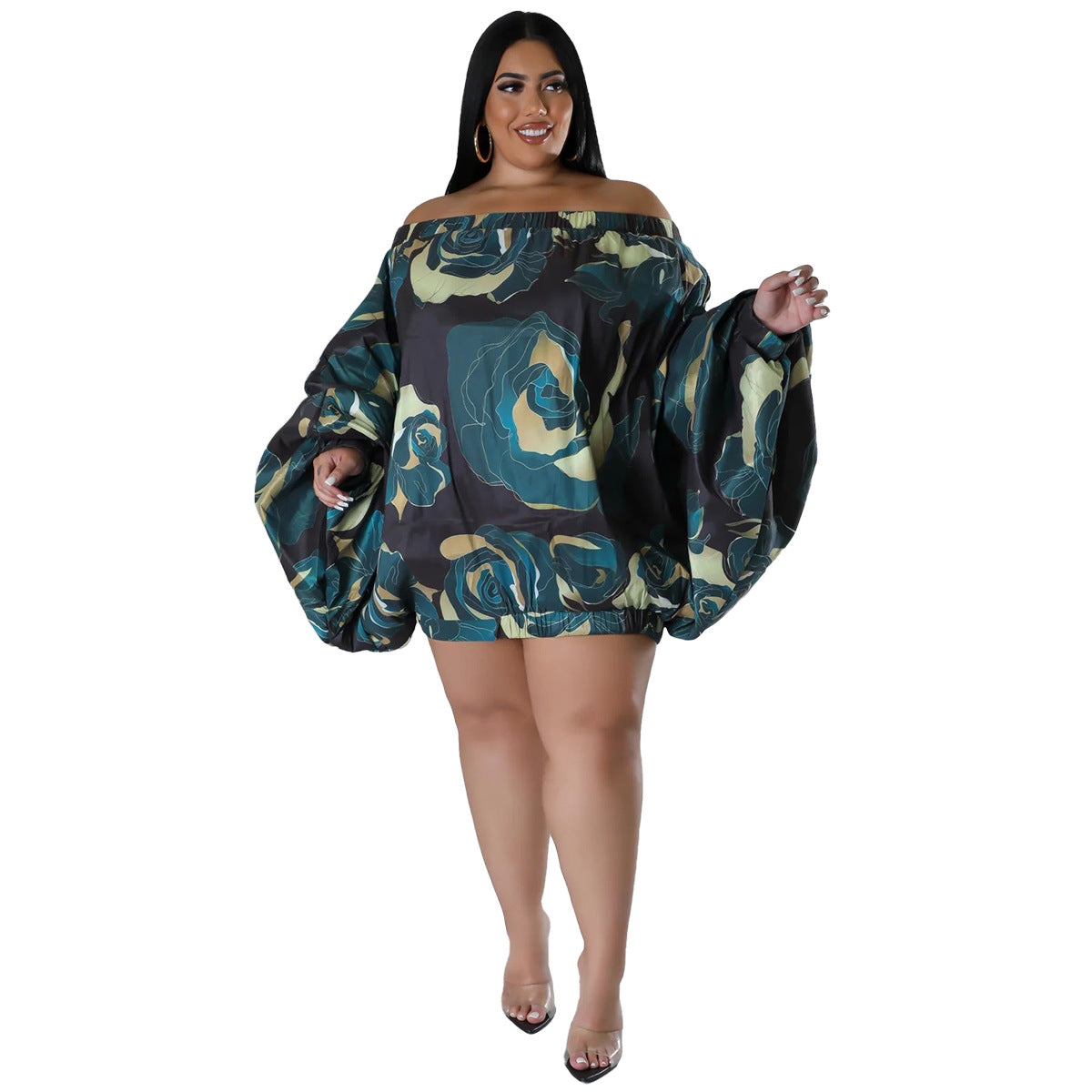 BamBam Plus Size Women's Loose Puff Sleeve Off Shoulder Printed Dress - BamBam