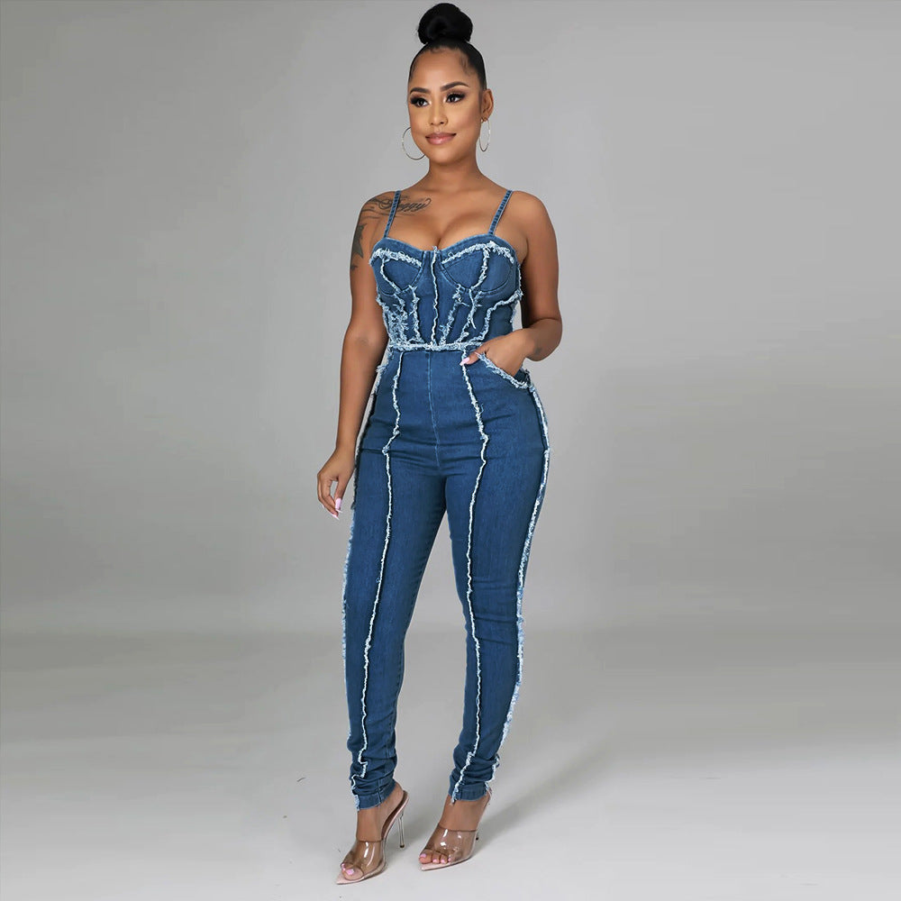 BamBam Women Sexy Cutout Tassel Zipper Suspenders Denim Jumpsuit - BamBam Clothing