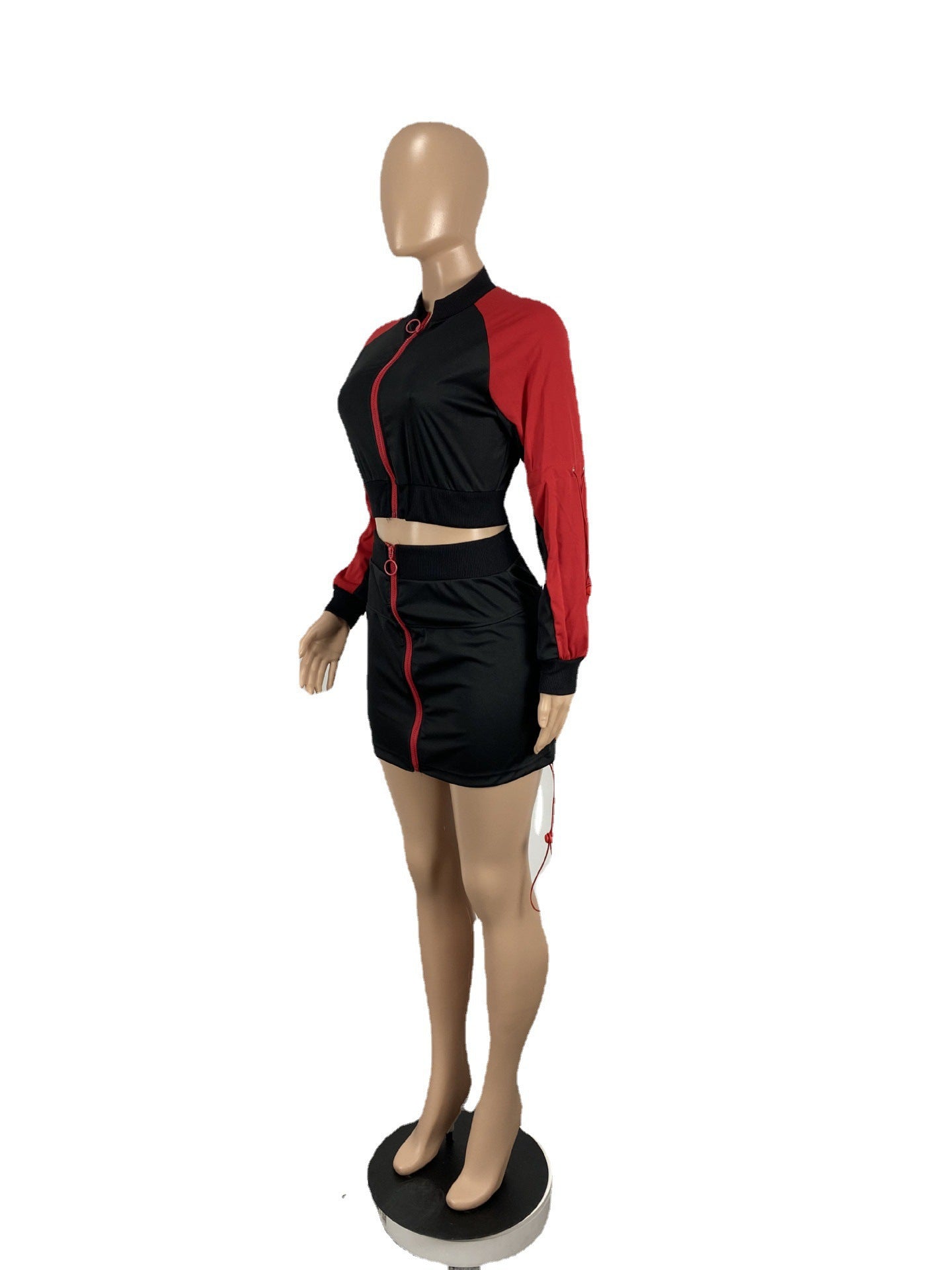 BamBam Women Patchwork Contrast Color Rope Zipper Top and Skirt Two-piece Set - BamBam