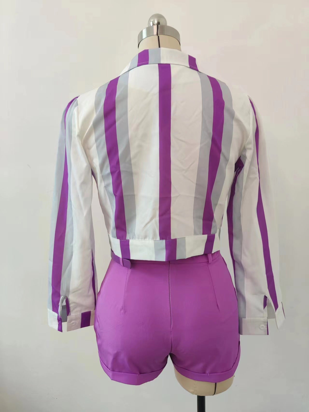 BamBam Women's Striped Digital Print Lace-Up Short Turndown Collar Shirt Shorts Two-Piece Set - BamBam