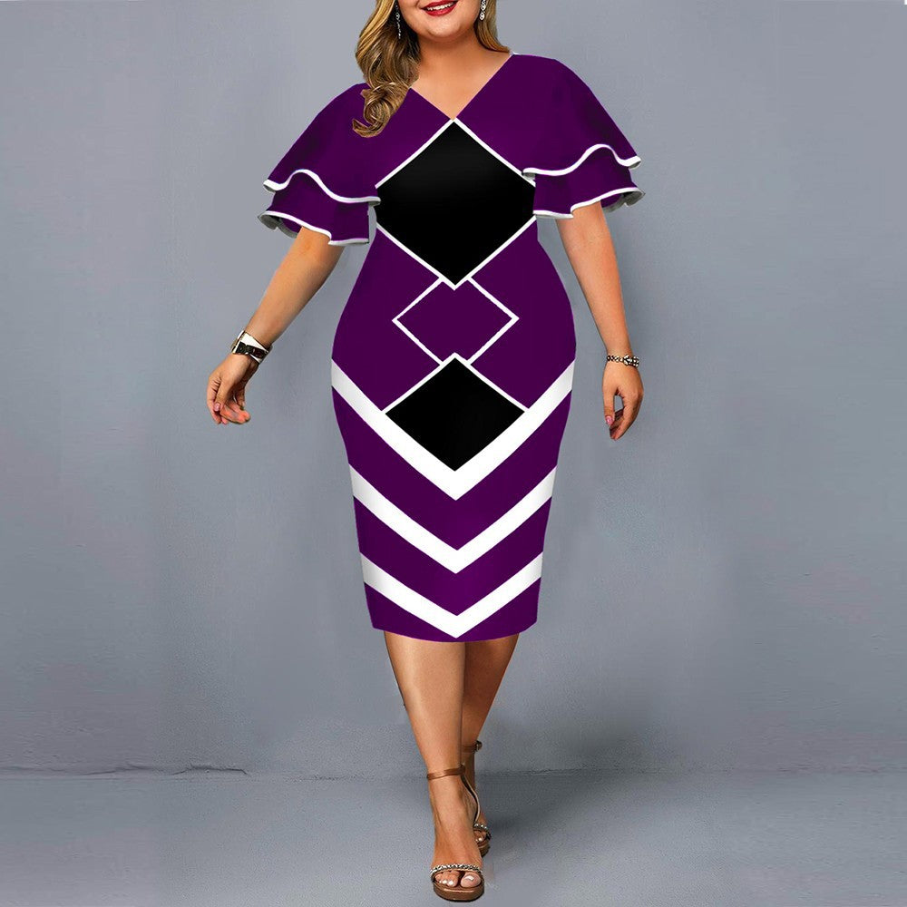 BamBam Fall Digital Print Flying Sleeve Plus Size Women's Dress - BamBam