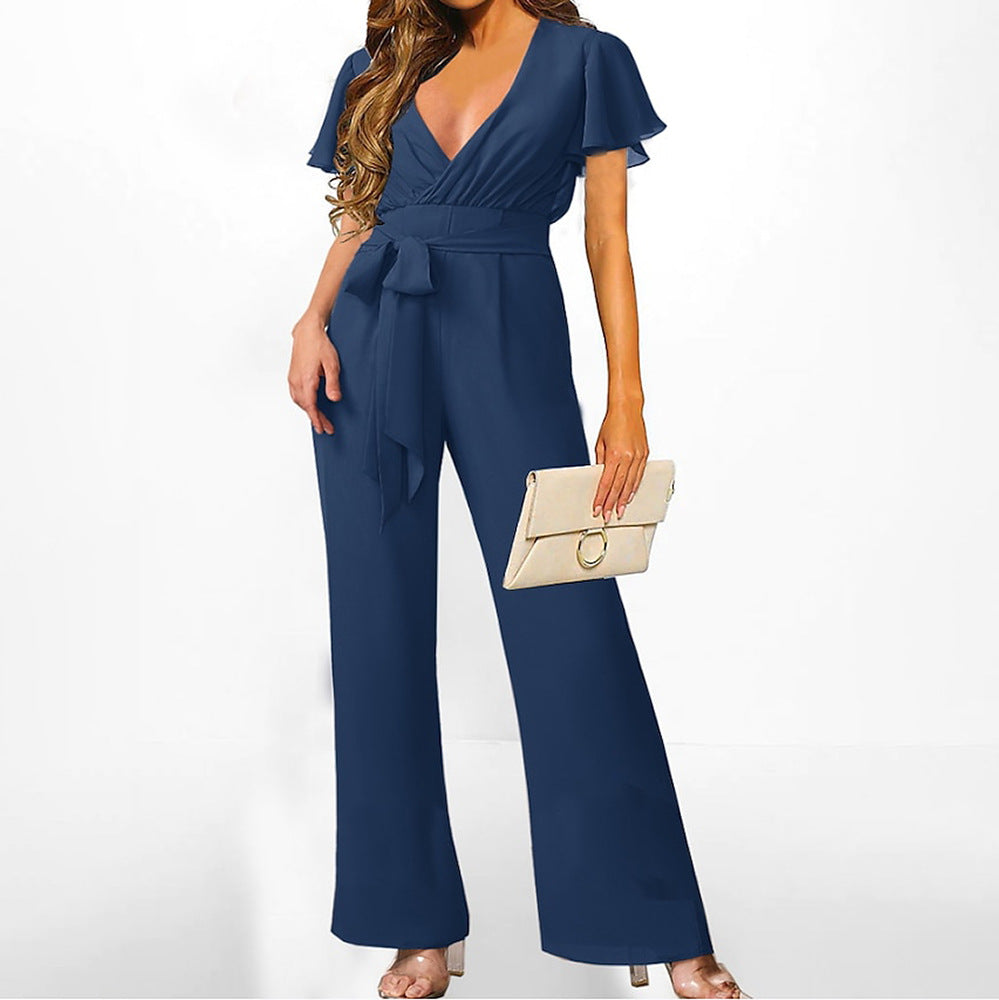 BamBam Summer Women V-neck tie short-sleeved Jumpsuit - BamBam Clothing