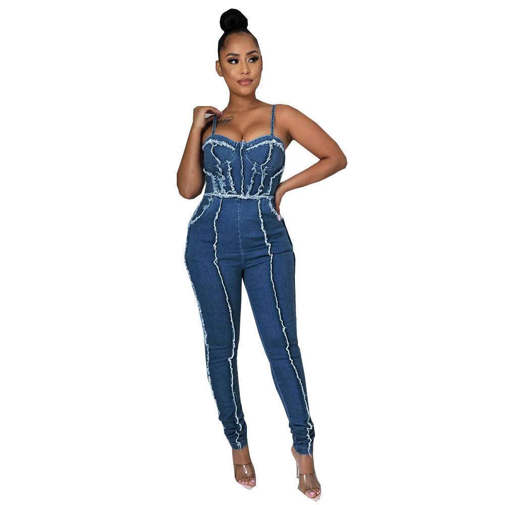 BamBam Women Sexy Cutout Tassel Zipper Suspenders Denim Jumpsuit - BamBam Clothing