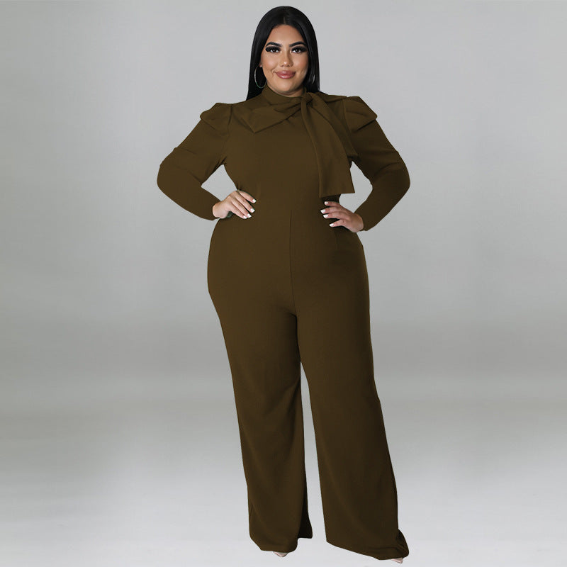 BamBam Plus Size Women Solid Color Bow Long Sleeve Jumpsuit - BamBam Clothing