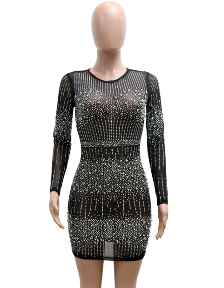 BamBam Fall Sexy Black Beaded Round Neck Long Sleeve Party Dress - BamBam Clothing Clothing