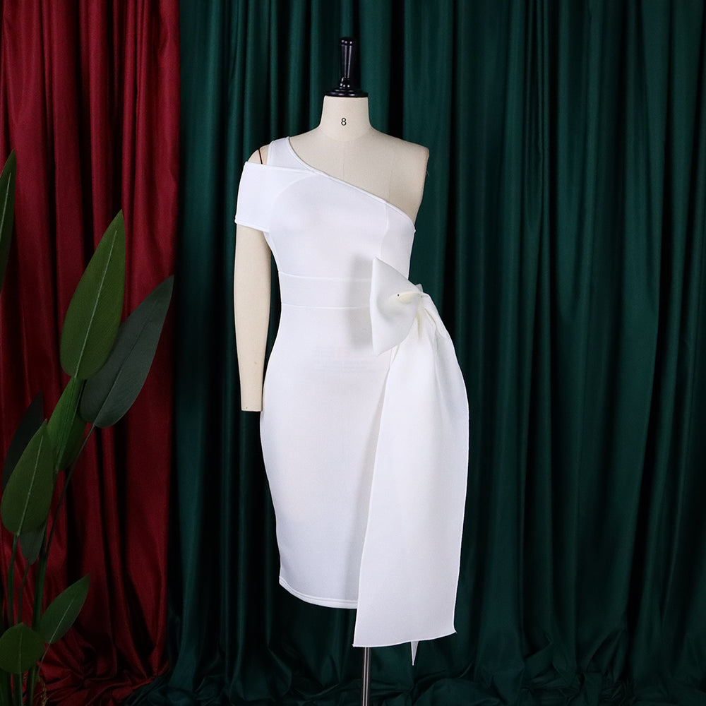 BamBam Summer Sexy White One Shoulder Short Sleeve With Bow-Tie Party Dress - BamBam Clothing