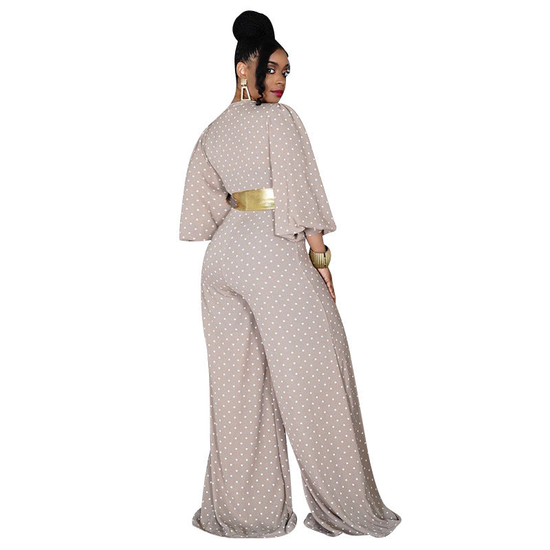 BamBam Summer V-Neck Women'S Puff Sleeve Loose Print Slim Waist Plus Size Wide-Leg Jumpsuit - BamBam Clothing