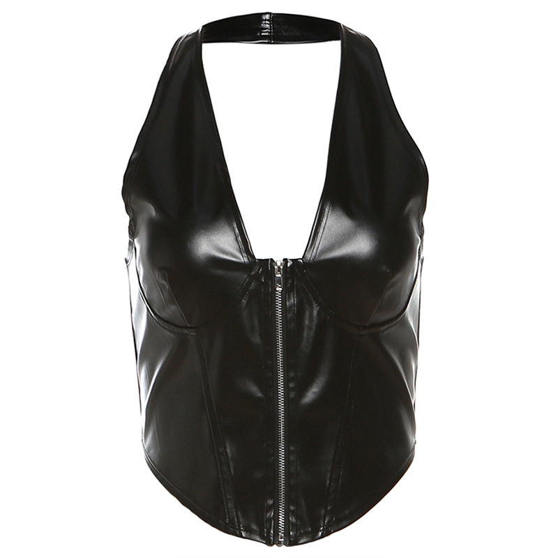 BamBam Autumn And Winter Women's Fashionable And Sexy Halter Neck Low Back Slim-Fit Pu Leather Vest - BamBam